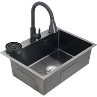 Évier de cuisine noir, 60 x 45 x 20 cm, évier de travail en acier inoxydable, 1 cuve, évier de cuisine avec panier de vidange + distributeur de savon