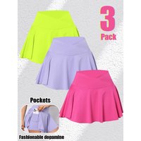 3Pack Dopamine Pockets Tennis Skirts for Women Fitness Skinny Pleated Skirt Outdoors Corset Pockets Shorts High V Waist