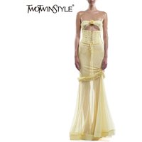 TWOTWINSTYLE Solid Spliced Lace Up Slimming Dresses For Women Strapless Sleeveless High Waist Patchwork Appliques Dress Female
