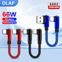 66W 0.5M Short Cable 90° Elbow Type C to USB C Cable Fast Charging For iPhone 16 15 Power BanK 0.25M USB A To Type C Data Cable
