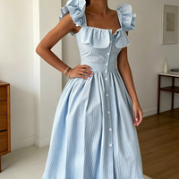 Casual Midi Dress For Women Wide Strap Double Ruffle Square Neck Button High Waist Tier Ruffle Hem Skirt Lady's Vacation Frock
