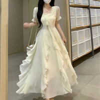 Women Fairycore Chiffon Maxi Dress Square Neck Puff Sleeve Ruffle Flowy Long Dress Summer A-Line Party Wedding Guest Vestidos
