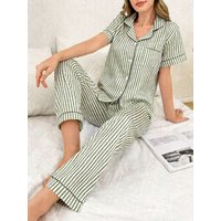 Women's Striped Pajamas Set 2 Piece Short Sleeve Button Down Top & Long Pants Sleepwear Casual Breathable Loungewear for Summer