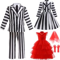 Boys Girls Halloween Costumes Kid Underworld Masters Cosplay Movie Clothes Children Striped Suits Lydia Fashion Layered Red Gown
