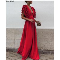 New Women's Sexy Deep V-neck Backless Maxi Dress Fashion Flying Sleeve High Waist Big Swing Dress Elegant Evening Party Dresses