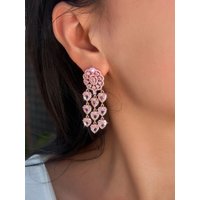 CWWZircons Women's Pink Cubic Zirconia Long Tassel Flower Drop Earrings And Necklace Set Elegant Party Wedding Jewelry E1187