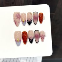 10Pcs 3D Carved Flower Handmade Press on Nails Pink-Purple Gradient Star Fake Nail Tips For Women Manicure Sweet Coo lFake Nails