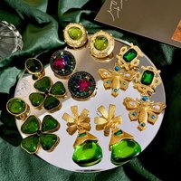 Vintage Green Stud Earrings French Middle Ages Court Style Exaggerated Luxury Earrings Women's Delicate Gift Ear Clips