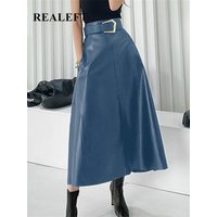 REALEFT classique Faux cuir PU jupes longues avec ceinture nouvelle taille haute mode parapluie jupes dames femme automne hiver