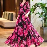 New Mid-sleeved Print Large Sling Dress for Spring and Autumn Simple Over-the-knee Temperament Slim Long Skirt
