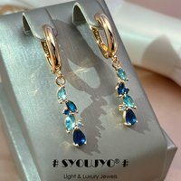 SYOUJYO New 585 Rose Golden Earrings For Women Luxury Blue Natural Zircon Leaf Long Dangle Earrings Wedding Jewelry