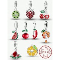 925 Sterling Silver Orange Watermelon Apple Fruit Series Pendant Charm Ball Suitable for Bracelets DIY Women's Jewelry