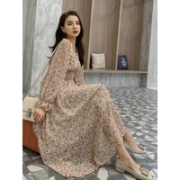 Floral Print Midi Dress Slimming Fairy Tale Sweet Gentle Style Long Skirt Commute Country High Waist Chiffon Spring Summer