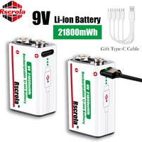 Type-C Rechargeable 9V Lithium ion Battery 21800mWh High Capacity for Guitar Microphone Smoke Detector Pedal with Cable