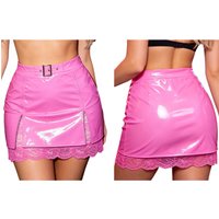 Women High Waist Split Hem Wet Look PU Leather Sheer Lace Bodycon Mini Skirt for Nightclub Rave Party Music Festival Streetwear