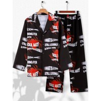 Men's Trendy Text Print Outfits, Loose Lapel Shirt & Elastic Waist Pants Set