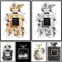 (2D canvas painting) Fashion Vintage Poster Paris Perfume Bottle Graffiti Canvas Painting Wall Art Black Luxurious Artwork P