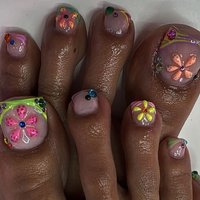 24pcs Summer Flowers Fake Toenails Short French Colorful Press on Toenails Wearable Detachable Women Footnail DIY Manicure