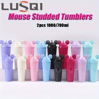 LUSQI 2pcs/set Water Bottles With Studded Mouse Ear Dome Lids Large And Small Water Cups Summer Winter Drinkware With Straws