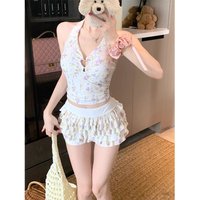 2026 New Sweet Floral Pure Desire Style Split Swimsuit Women's Bikini Flat Pants Conservative Hanging Neck To Cover Meat