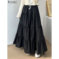 ZANZEA Women Korean Fashion Tiered Maxi Skirt Elastic Waist Casual Solid Color A-line Faldas Mujer Holiday Streetwear Long Jupes