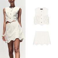 Embroidered Hollow out Vest Top 3356868 High Waist Skirt Pants 3357868 Fashionable Two-Piece Set round Neck Button Closure ...