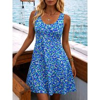 Elegant Sleeveless U-Neck Dress, Smooth Polyester Fiber, Trendy 3D Full Print, Casual Fashion Style.