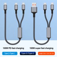 2 in 1 USB C to Dual Type C PD Fast Charging Data Cable,Multi Functional Braided Cord for iPhone 17/17Pro Max/16 Series,Laptops