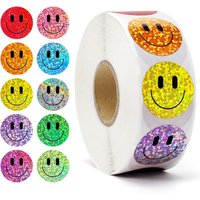 500PCS/Roll Laser Colorful Smile Face Stickers Happy Face Stickers Roll Teacher Reward Stickers for Birthday Party Supplies