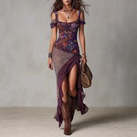 2026 Spring Summer New Romantic Floral Print Patchwork Spaghetti Strap Short Sleeve Irregular High Slit Long Dress
