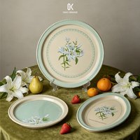 French Vintage Ceramic Dinner Plates Luxury Floral Dessert Salad Plate Beaded Porcelain Round Oval Dish Microwave Safe