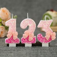Pink Gradient Glitter Number Candle 0-9 3D Bowknot Birthday Cake Topper Decoration for Birthday Party Anniversary Supplies
