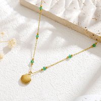 Vintage Stainless Steel Necklace for Women Minimalist Green Bead Shell Necklace Clavicle Chain Classic Jewelry Accessories Gifts