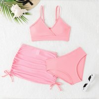 New Girls Solid Color 3pcs Triangle Bikini with Halter Neck Skirt Beachwear Young Girls Swimsuit Set Bathing Suits for Teens
