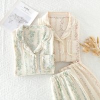 Summer women's 2-piece set of 100% pure cotton women's sleepwear bedroom set long sleeved+long pants women's sleepwear
