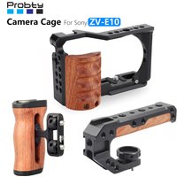 Probty ZV-E10 Camera Cage with Wooden Grip Cage for Sony ZV-E10 with Built-in Quick Release Plate Cold Shoe, and 1/4”& 3/8” Thr