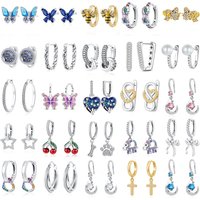 925 Silver Hoop Earrings for Women Butterfly Bee Cherry Star Heart Cubic Zirconia Drop Earrings Fashion Party Jewelry Gift