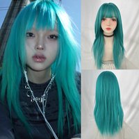 Zielona niebieska syntetyczna długa prosta peruka damska z grzywką Lolita Cosplay puszysta peruka żaroodporna na codzienną imprezę