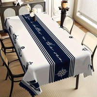 1pc Nautical Theme Rectangular Tablecloth with Anchor, Sailboat, and Watchtower Pattern, Featuring -Shaped Edges, Suitable