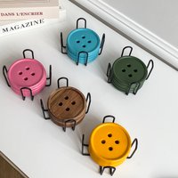 6-Piece Original Colorful Button Coaster Set with Cross-Shaped Iron Rack Coaster Holder, Dopamine Round Wooden Coasters, Exquisite Coffee Cup Holders, Suitable for Home Decor Coasters, Decorative