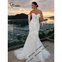 3D Floral Spaghetti Strap Mermaid Wedding Dress with Sheer Corset Tulle Train Customized Bride Dresses Lux Outdoor Bridal Gown