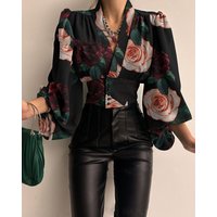 Geometric Print V Neck Puff Sleeve Button Up Blouse Women Slim Fit Cropped Top High Waist Long Sleeve Fashion Shirt