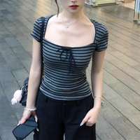 Strap Up Square Neck Striped Short Sleeved T-shirt for Women's Summer Slim fit Spicy Girl Top