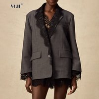 VGH Chic Solid Spliced Lace Edge Blazers for Women Notched Collar Long Sleeve Temperament Designer Coats Female Clothes Style