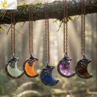 CSJA Vintage Crystal Crescent Moon Pendant Necklace for Women Men Charm Energy Natural Stone Amethyst Pink Quart Jewelry H887
