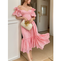 Women Dress Summer Spring New in Sexy Lace Hollow Out Off Shoulder Casual Dress Short Sleeve Outdoor Solid Elegant Chic Clothing