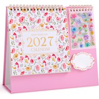 2027 Standing Flip Desktop Desk Calendar, 2026 September to 2027 December, Flip Floral Planner Calender with Stickers