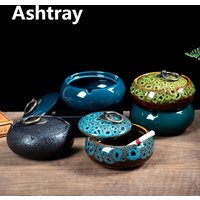 Creative retro Ceramic Ashtrays Home Personalized Wind Proof Fly Ash Proof Ash Tray For Home With Cover Lid Ashtray Men Gift