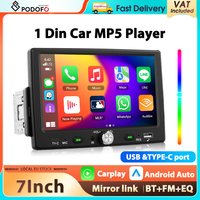 Autoradio universel Podofo 7 pouces avec écran tactile HD, Carplay, Android Auto, lecteur MP5 1Din, Bluetooth, FM, égaliseur, Mirror Link, USB et TYPE-C, lecteur multimédia