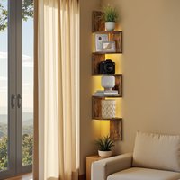 VASAGLE 5-Tier Wall Shelf, Wall Mounted Corner Shelf with LED Lights, Remote Control, Brown